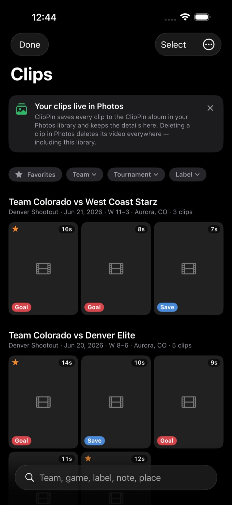 The Clips screen: every saved clip, grouped by game, with search and filters