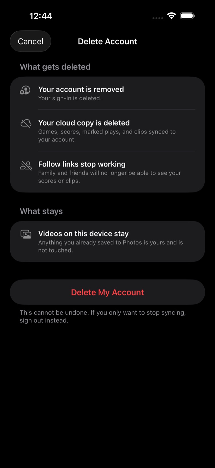 The Delete Account screen listing what gets deleted and what stays