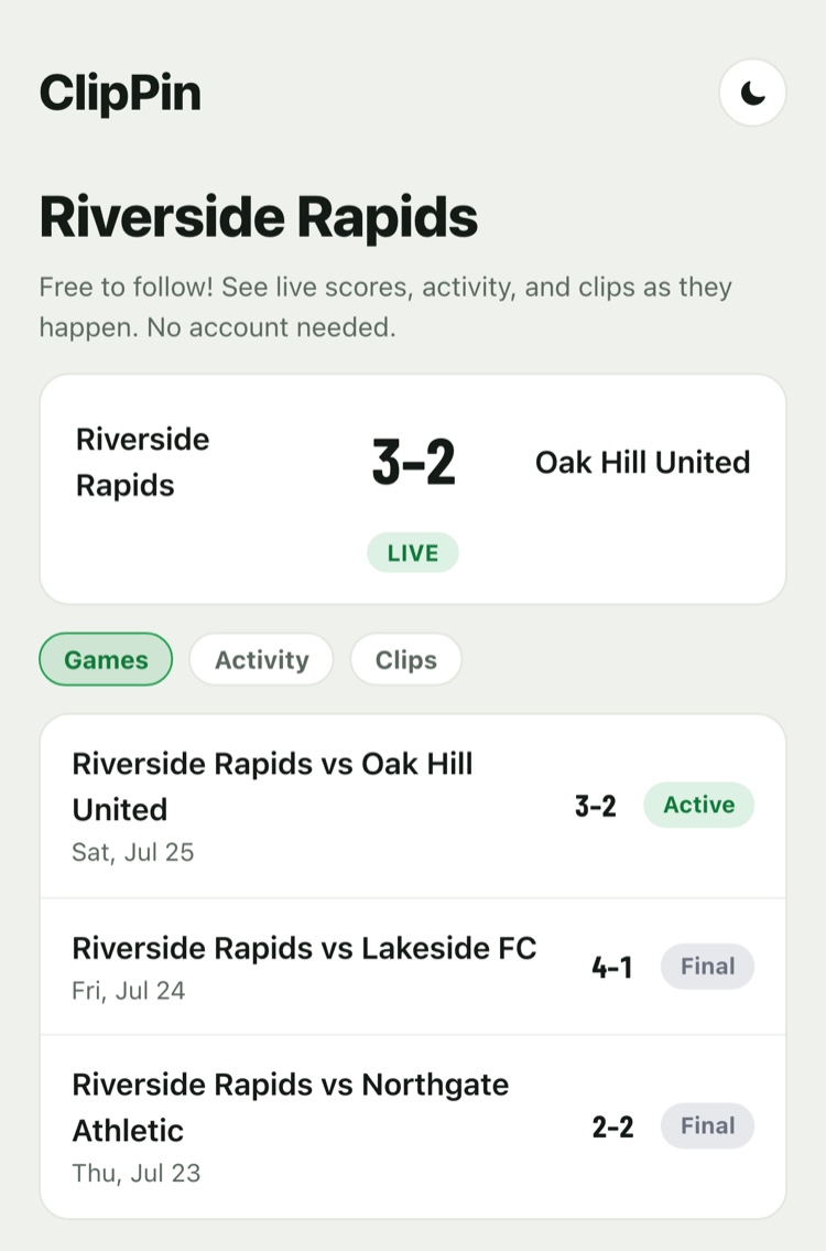 The follow page in a web browser: the team name, a live score of 3–2, and the day's games listed below