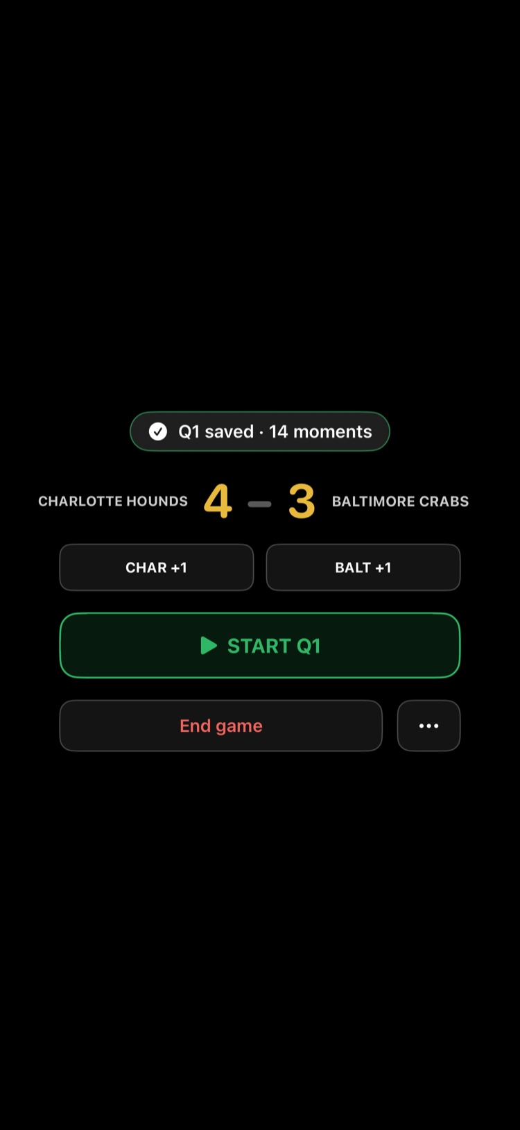 The break screen between periods, with the score and a START button