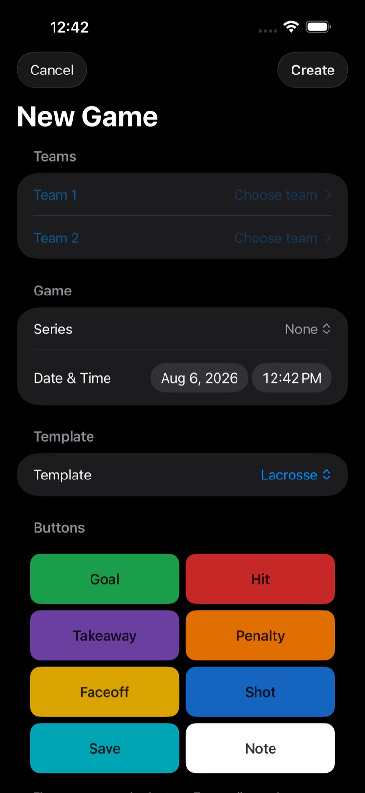The New Game screen, with Team 1, Team 2, series and date