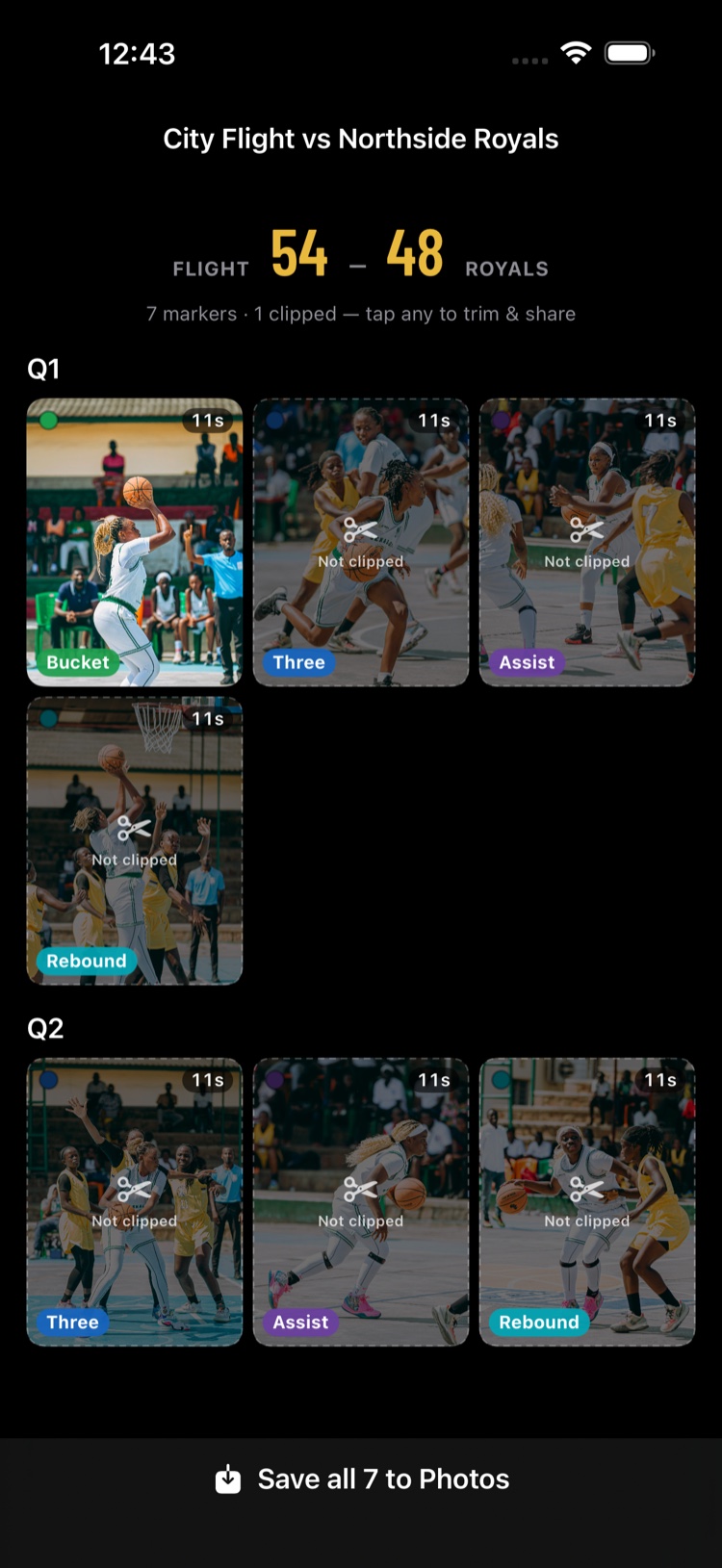 The postgame screen: the final score above a clip for every play you marked