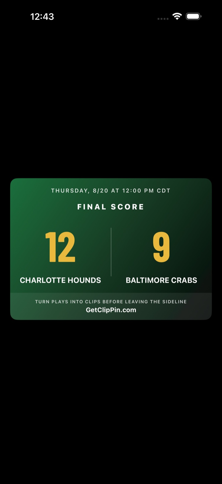 The postgame recap card, with the final score and the day's moments