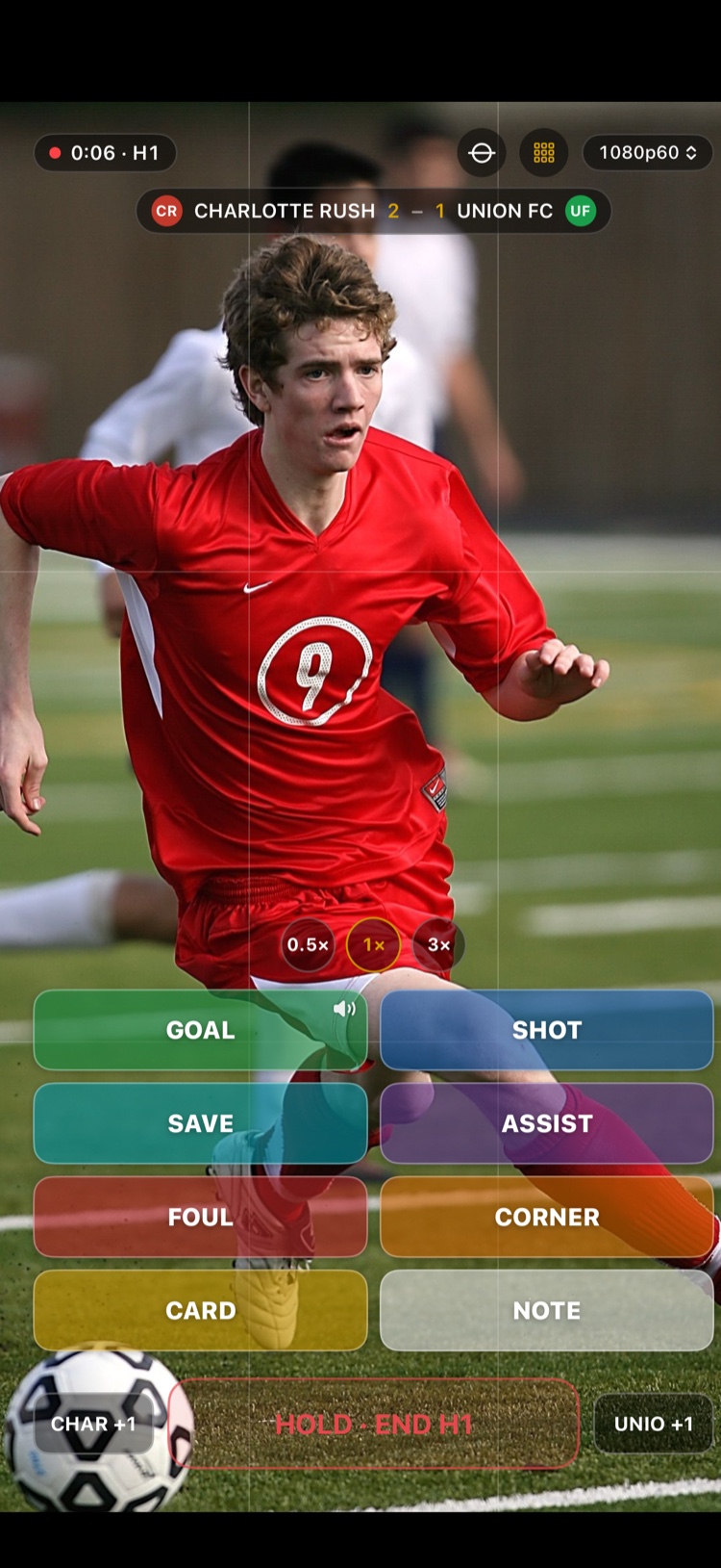 The recording screen: your marker buttons over the live picture, score along the bottom