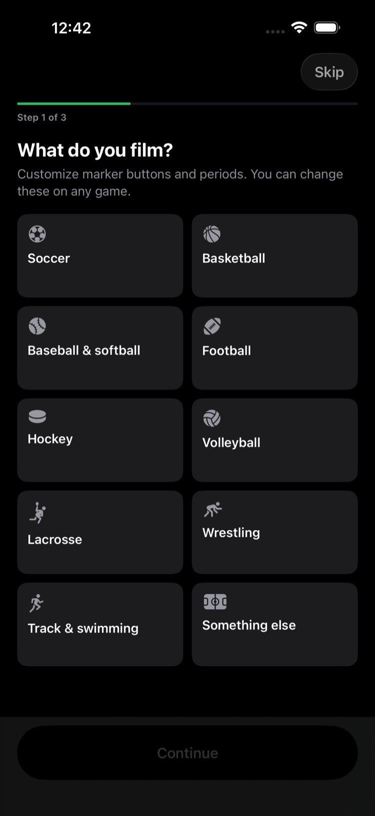 Step 2 of the setup wizard, showing your sport's marker buttons