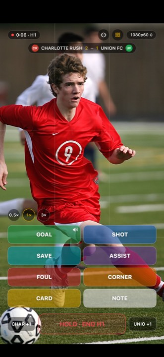 Recording a soccer game: marker buttons and the scoreboard over the live camera view