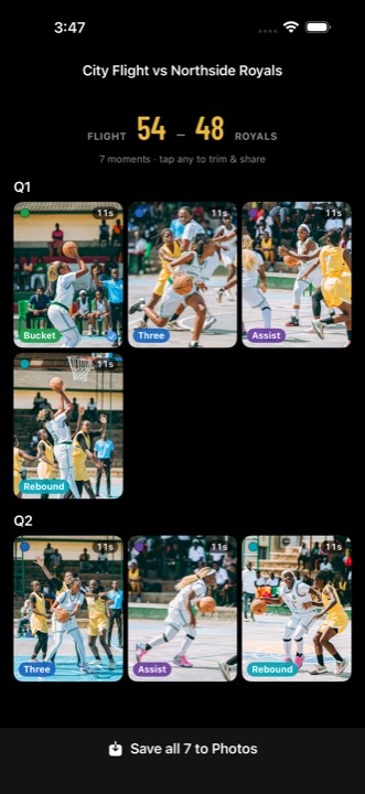 Postgame grid of basketball clips, one for each marked play